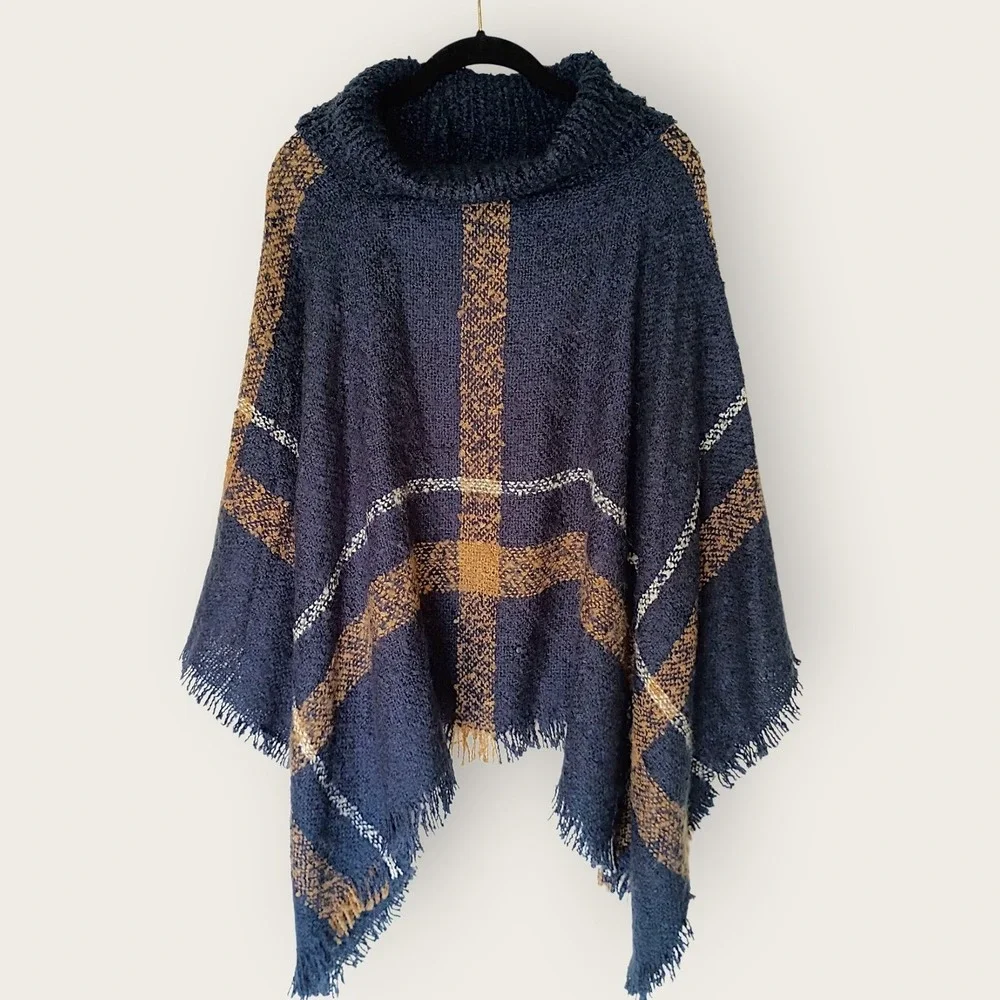 World Market Plaid Cowl Neck Fringe Poncho Navy Mustard Women One‎ Size